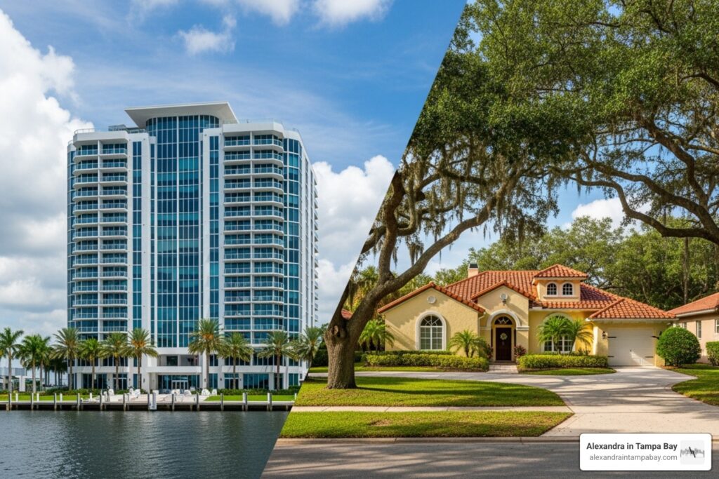 modern waterfront condo and a classic single-family home in a suburban neighborhood - west central florida real estate