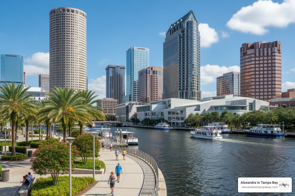 Tampa Riverwalk with downtown in the background - west central florida real estate