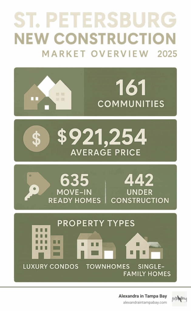 St Petersburg new construction market overview infographic showing 161 communities, average price of $921,254, price range from $229,999 to $5.5 million, 635 move-in ready homes, 442 under construction, and property types including luxury condos, townhomes and single-family homes - St Petersburg new construction infographic